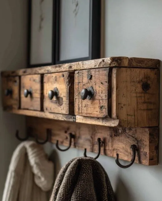 Perchero de pared de madera recuperada con cuatro cajones y ganchos de hierro