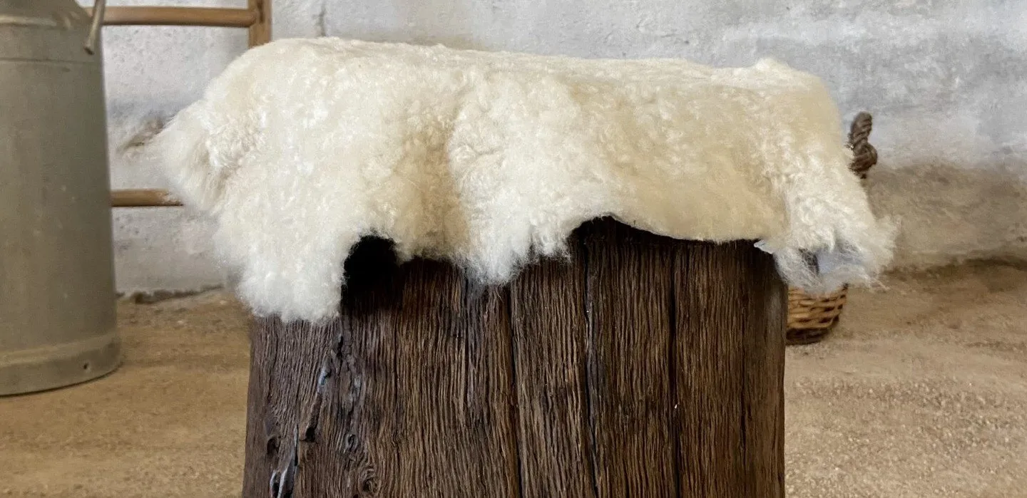 Detalle del taburete de tronco con la piel cayendo por los lados